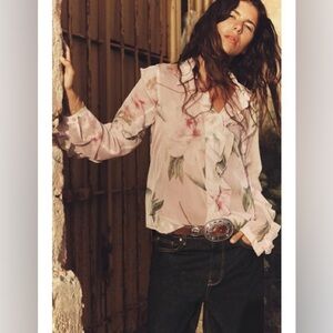 ZARA Ruffle Semi Sheer Floral Blouse, Long Sleeve. M NWT